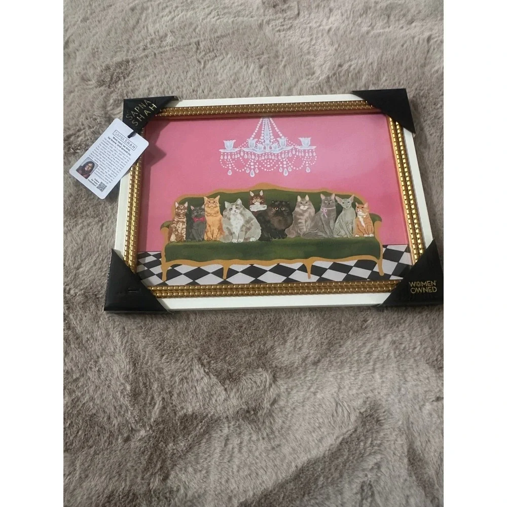 Sapna Shah Cats on Sofa Framed Wall Art Pink Gold White Whimsical Decor